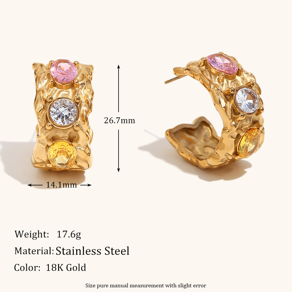 Irregular colored diamond stainless steel bracelet ring earrings plated with 18K gold.