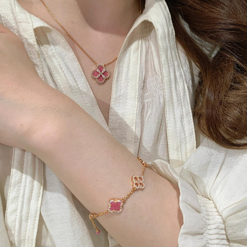 Rose Pink Flower Flash Diamond Clover Bracelet Necklace Earrings Set