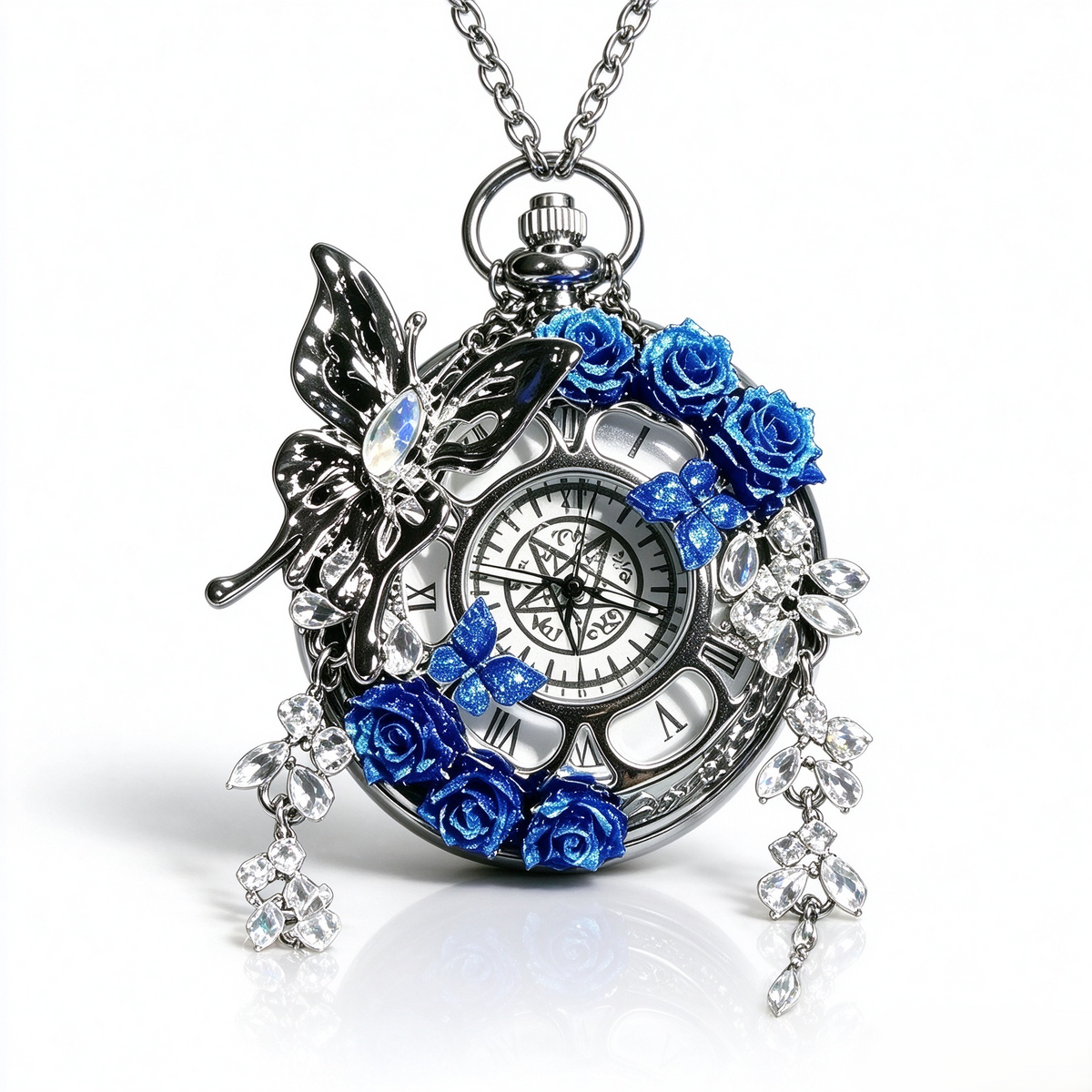 Movable Butterfly Pocket Watch, Handmade Floral Quartz Pocket Watch Necklace