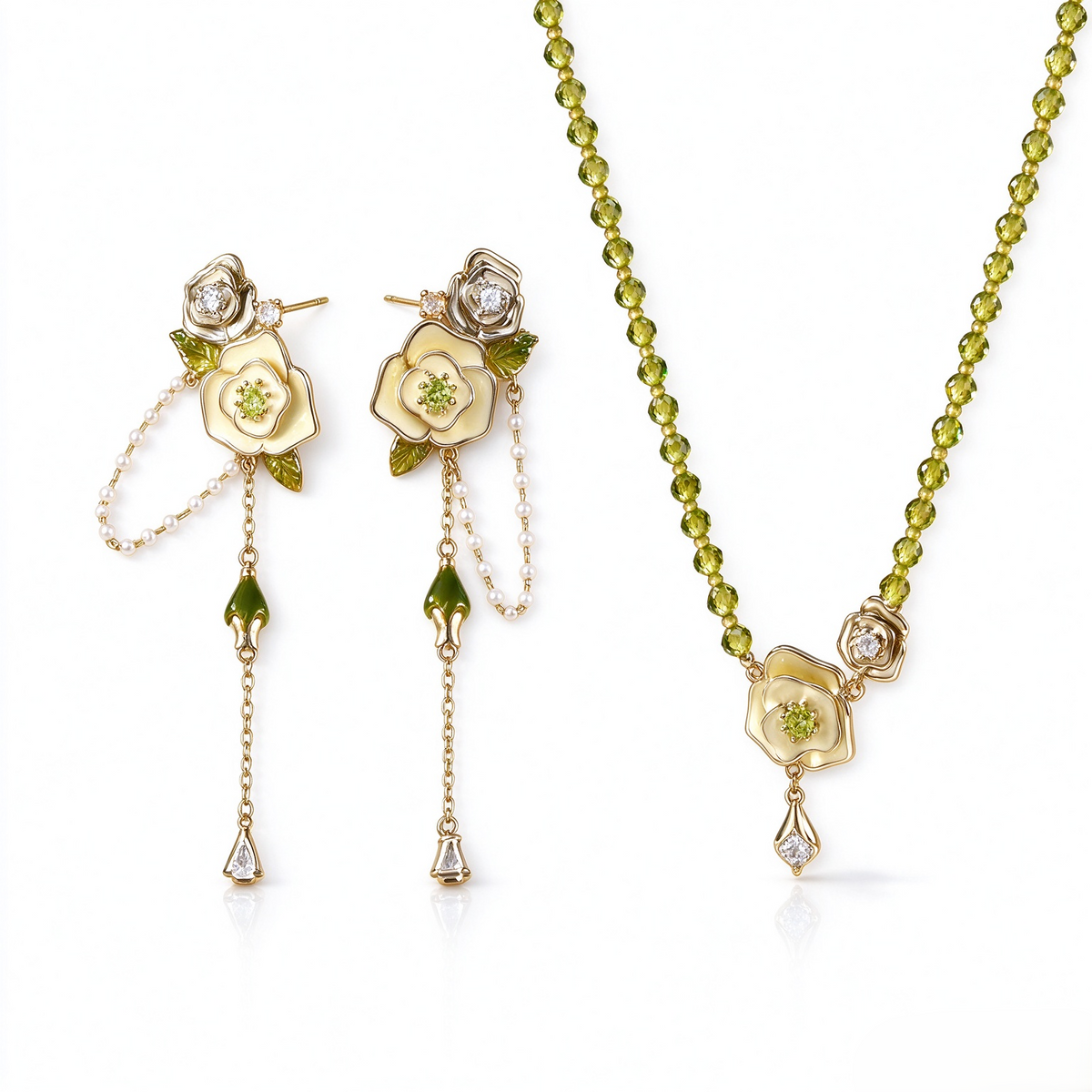 Camellia Rose Dewdrop Zircon Necklace & Earrings