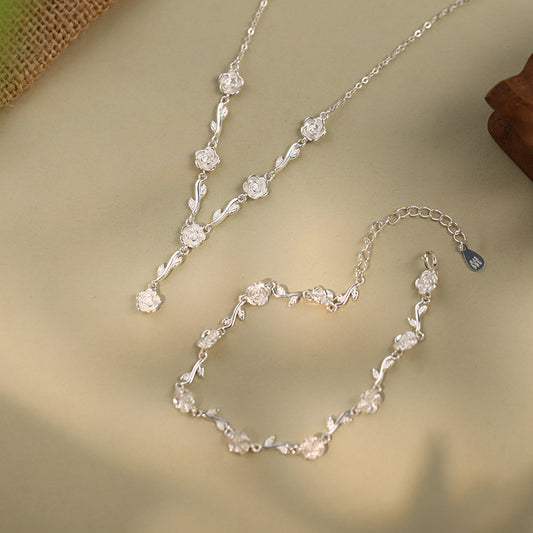 S999 sterling silver rose necklace bracelet set