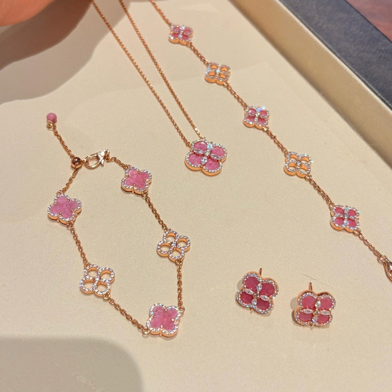 Rose Pink Flower Flash Diamond Clover Bracelet Necklace Earrings Set