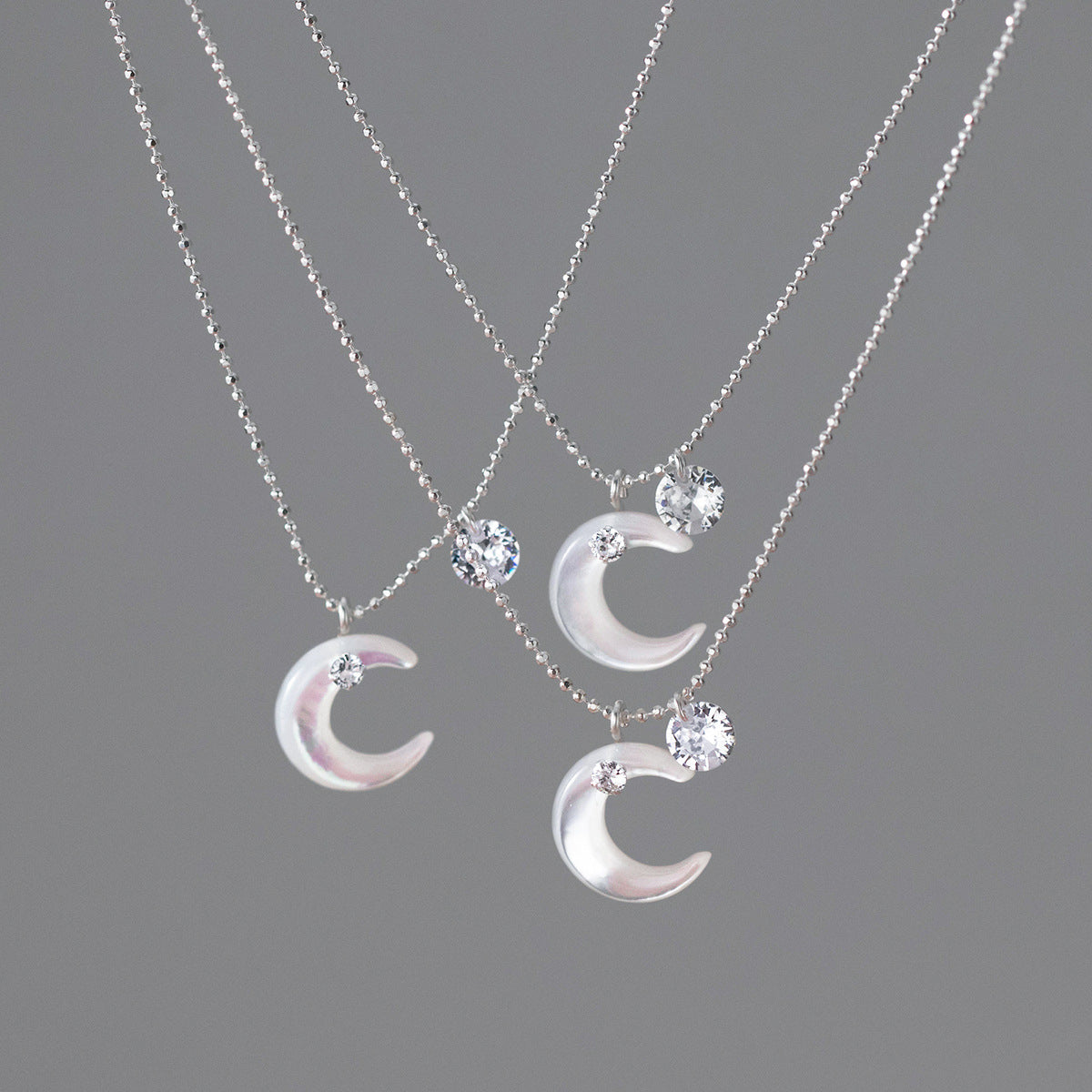 S925 sterling silver white diamond shell moon necklace