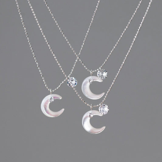 S925 sterling silver white diamond shell moon necklace