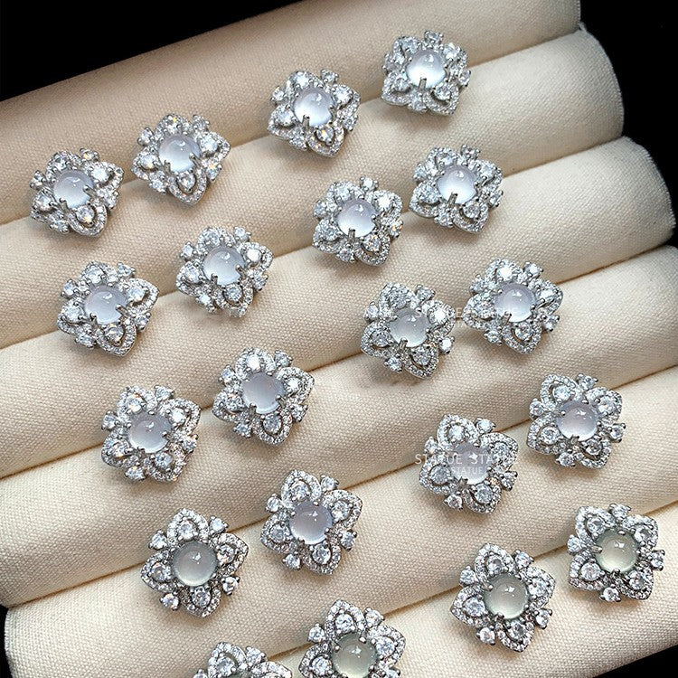 Silver needle zircon flower earrings