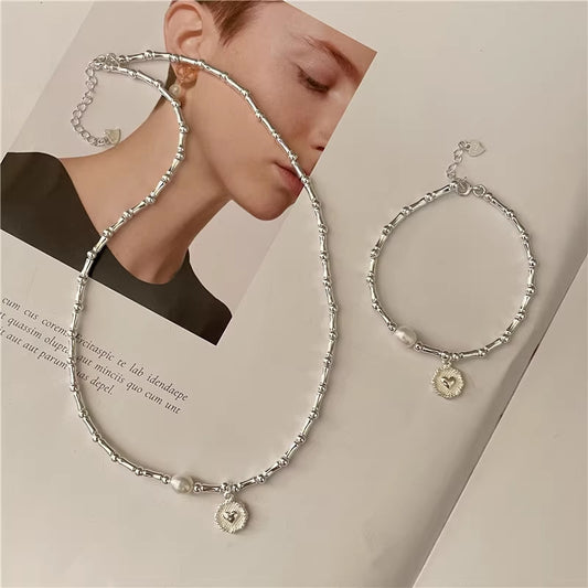 S925 sterling silver handmade bamboo heart-shaped pearl necklace bracelet set