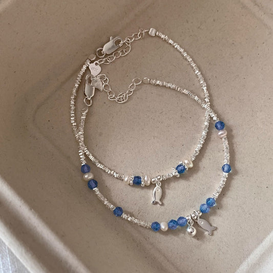 S925 sterling silver blue crystal fish bracelet