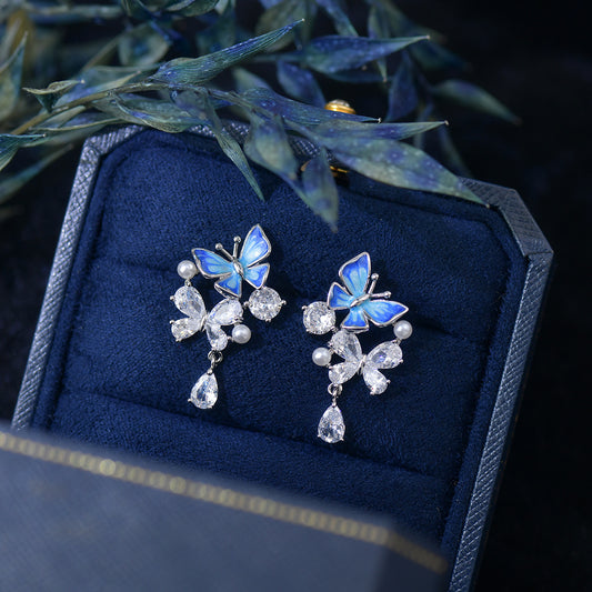 Blue drop butterfly zircon drop pearl earrings