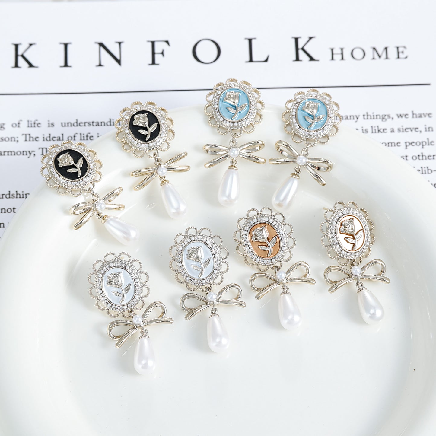 925 silver needle gold-plated zircon oil painting rose pearl earrings