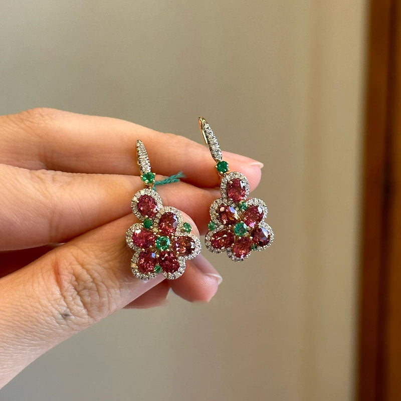 Pomegranate green diamond micro-inlaid zircon flower earrings ring set