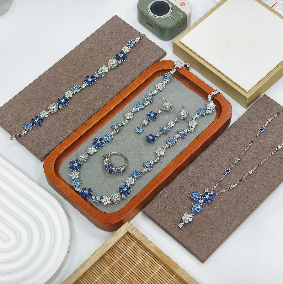 Aquamarine Zircon Necklace Ring Stud Bracelet Set