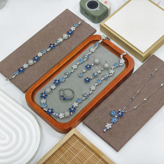 Aquamarine Zircon Necklace Ring Stud Bracelet Set