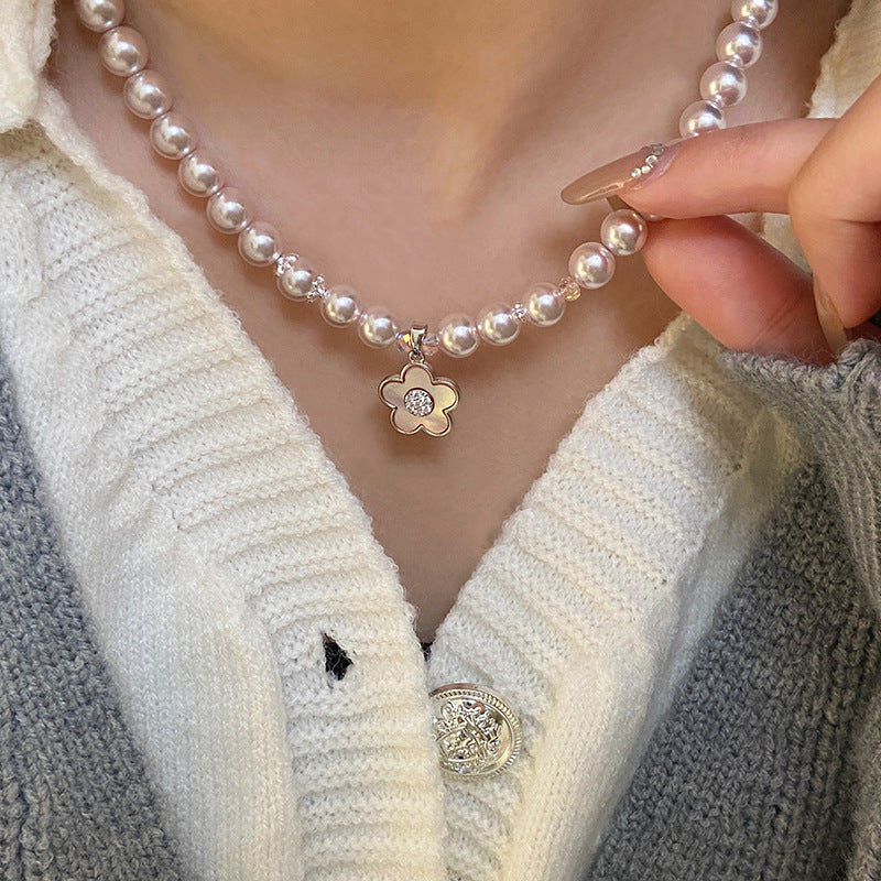 Natural pink Fritillaria Manta rose Swarovski pearl necklace