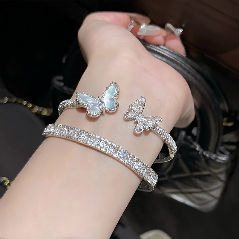 Zircon Mother-of-Pearl Butterfly Open Bangle Bracelet