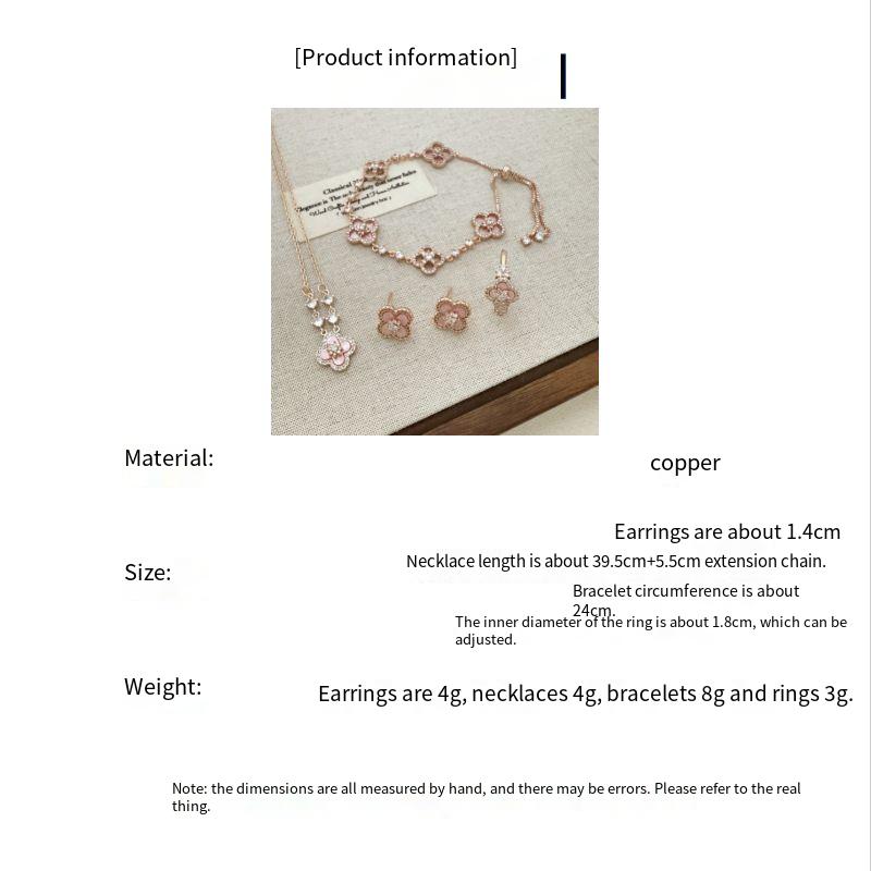 Pink clover flowers with zircon rose gold earrings necklace bracelet ring set