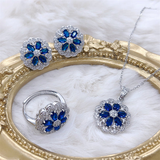Blue gem flower three-piece ring necklace earrings set