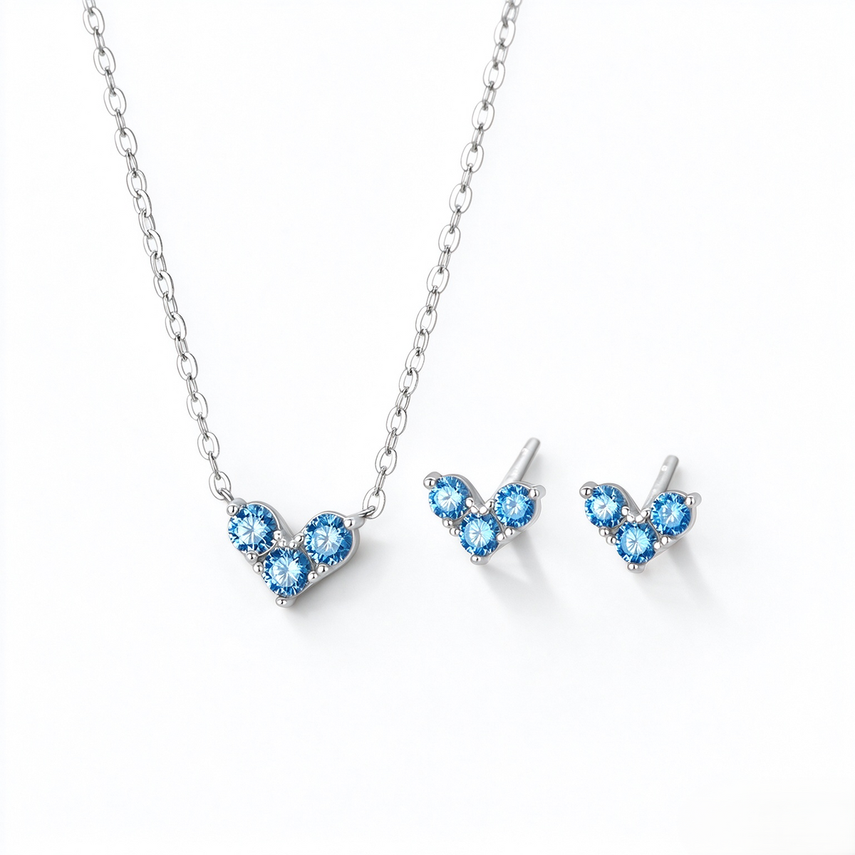 S999 Sterling Silver Blue Zircon V-Shaped Necklace & Stud Earrings