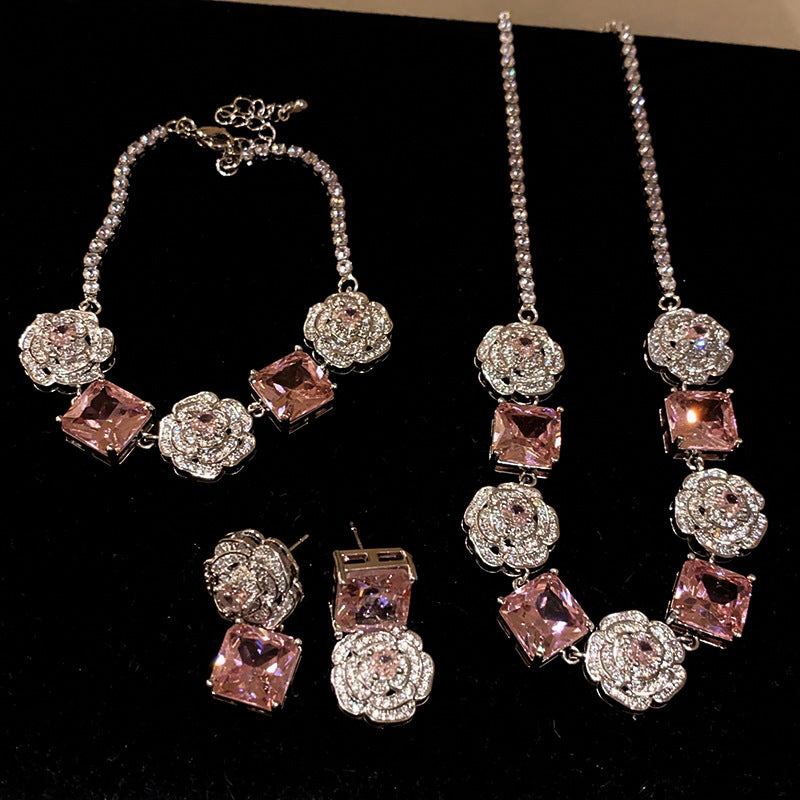 Pink rose cube zircon necklace bracelet earrings set