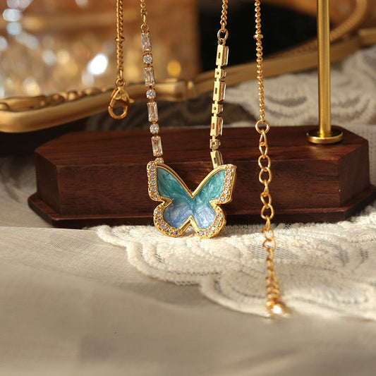 Blue enamel butterfly necklace earrings