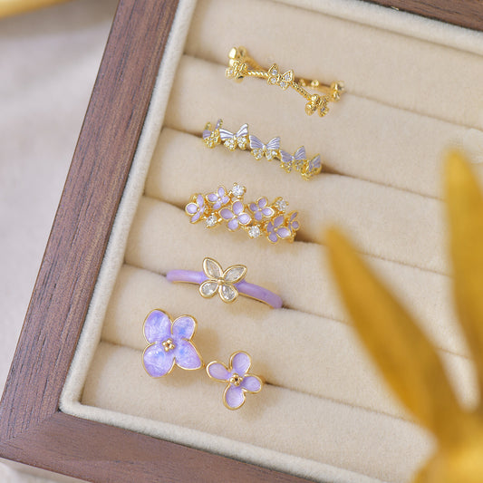 Purple flower dripping zircon butterfly opening ring