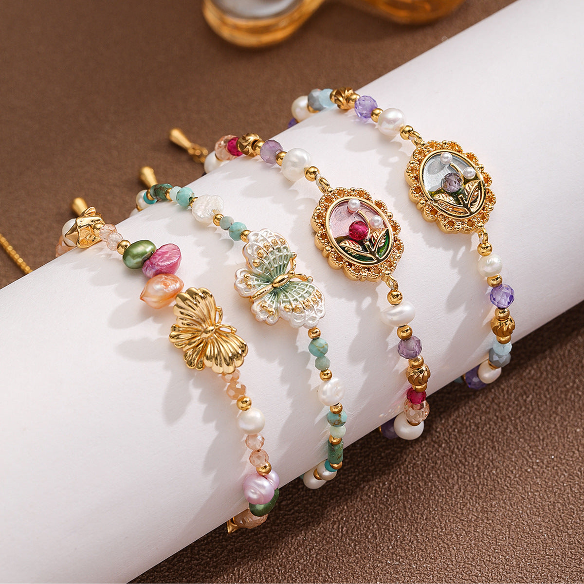 Copper-plated 18k gold oil painting freshwater pearl colored natural stone bracelet