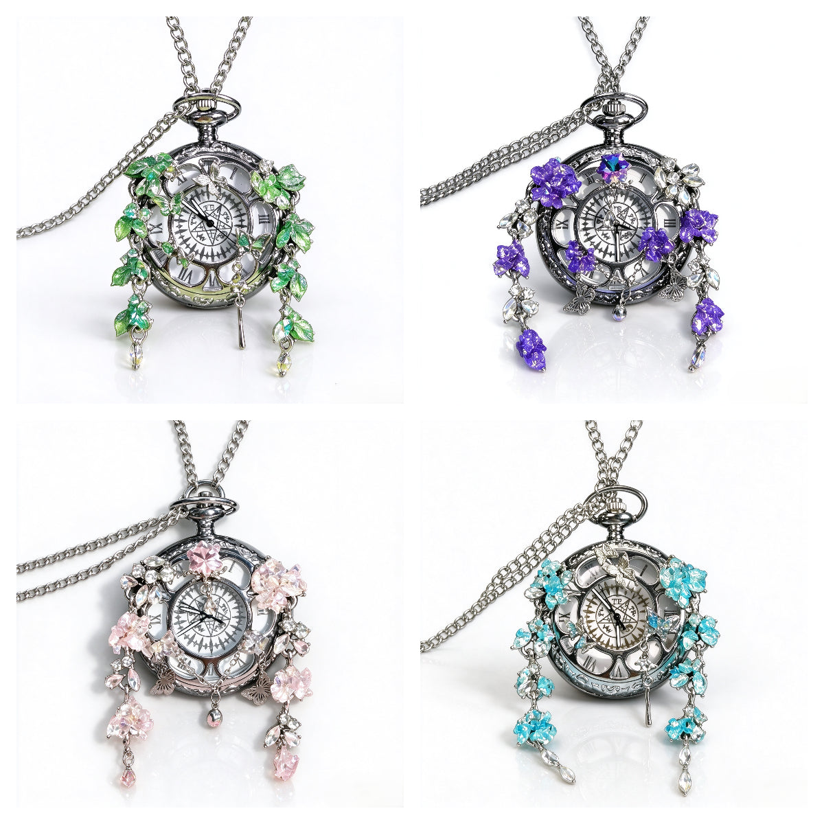 Movable Butterfly Pocket Watch, Handmade Floral Quartz Pocket Watch Necklace