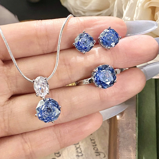 Rose blue high carbon diamond necklace ring earrings set