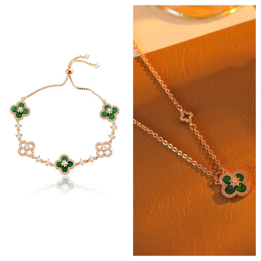 Natural Fritillaria Lucky Clover Bracelet Necklace Set