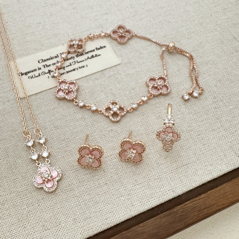 Pink clover flowers with zircon rose gold earrings necklace bracelet ring set