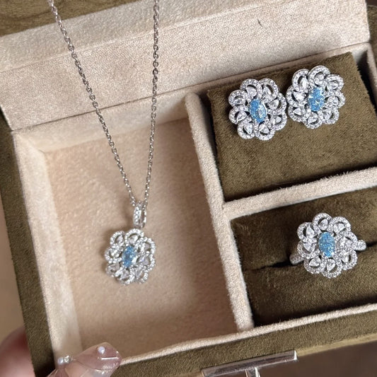 Hollow aquamarine full diamond flower ring necklace earrings set