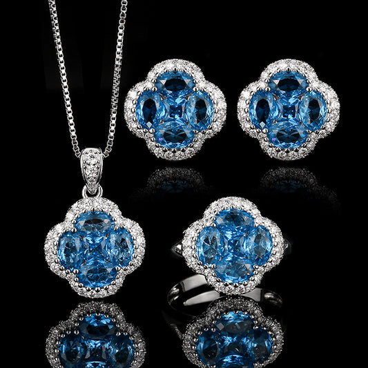 Blue pointed crystal four-leaf clover necklace ring earrings set