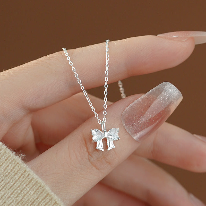 S999 sterling silver zircon bow necklace