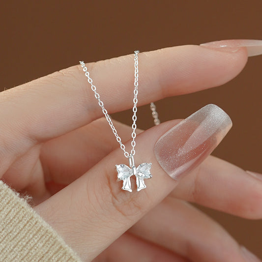 S999 sterling silver zircon bow necklace