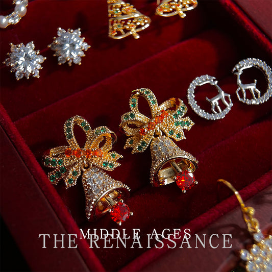 Christmas limited ~vintage Christmas series zircon bell bow earrings