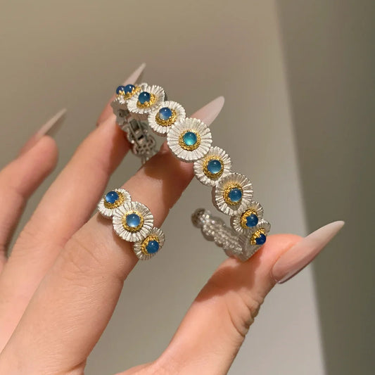 Blue chalcedony daisy bracelet ring set