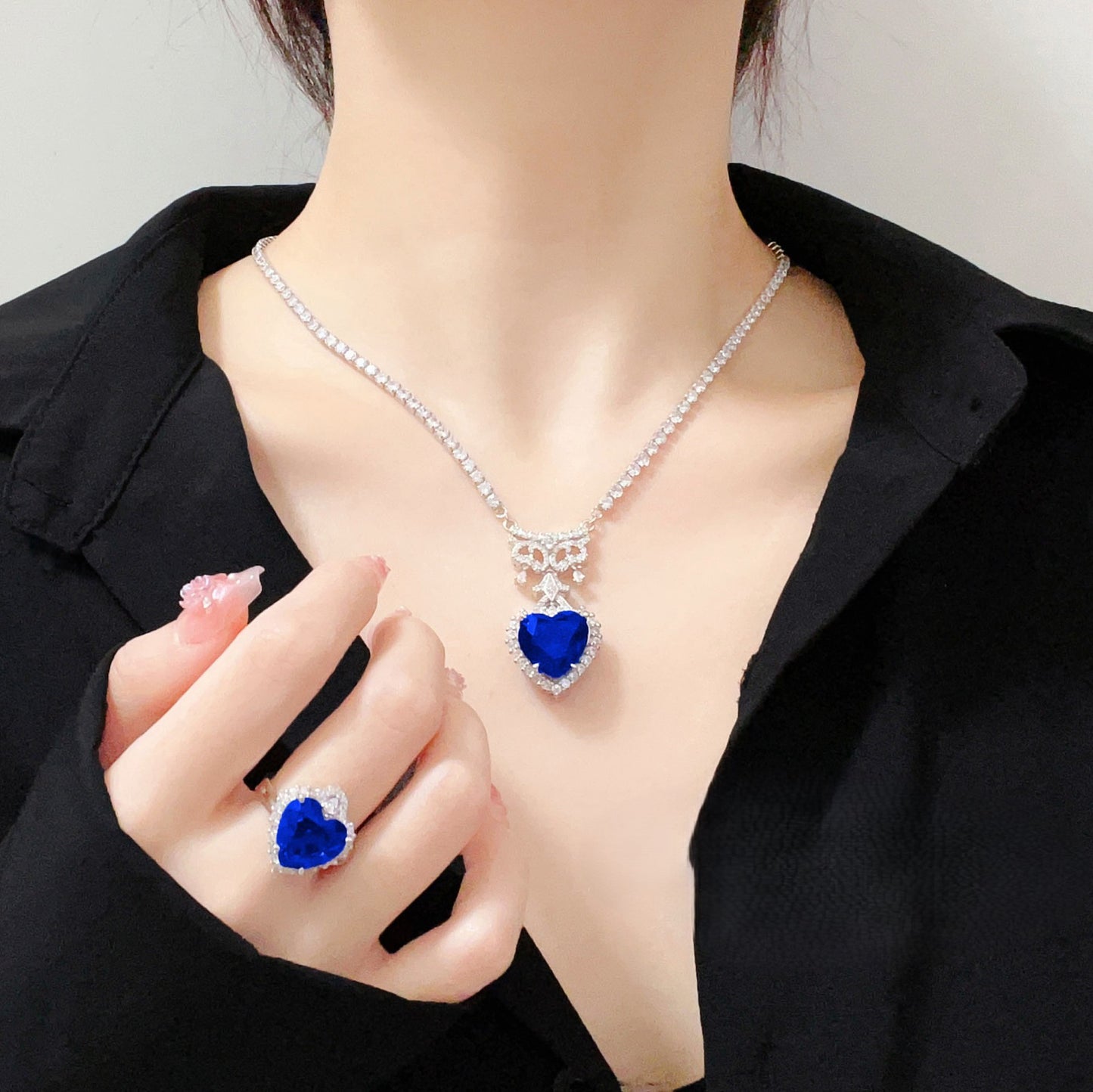 Zircon love blue diamond colorful necklace ring earrings set