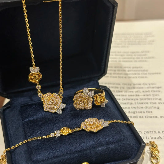 Diamond rose necklace bracelet ring set