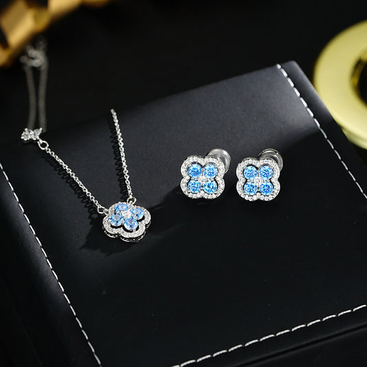 Blue zircon four-leaf clover earrings necklace set
