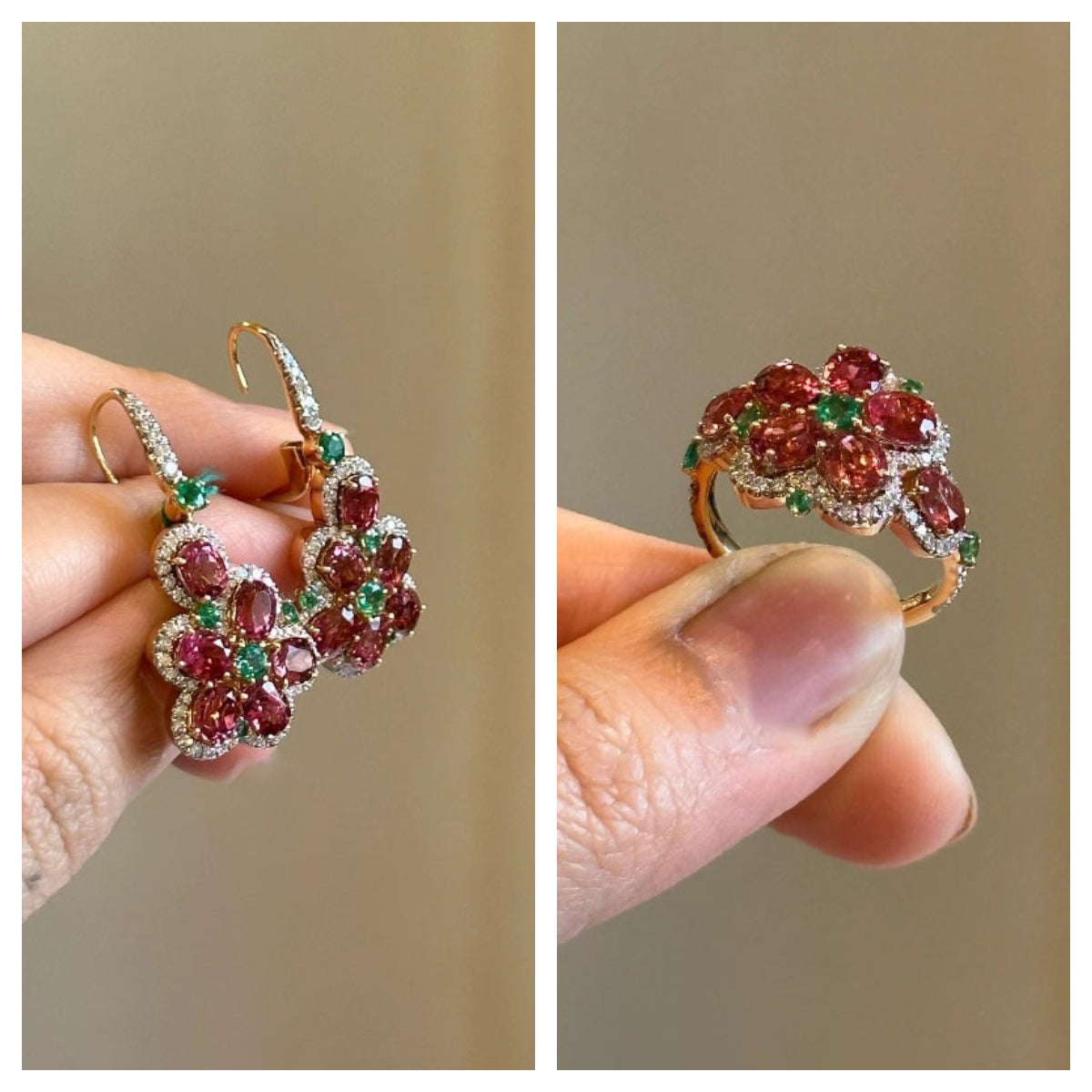 Pomegranate green diamond micro-inlaid zircon flower earrings ring set