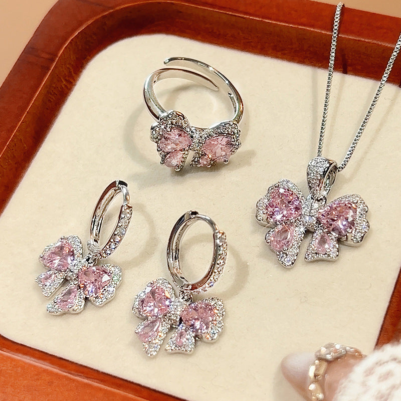 Pink diamond zircon bow earrings ring necklace set