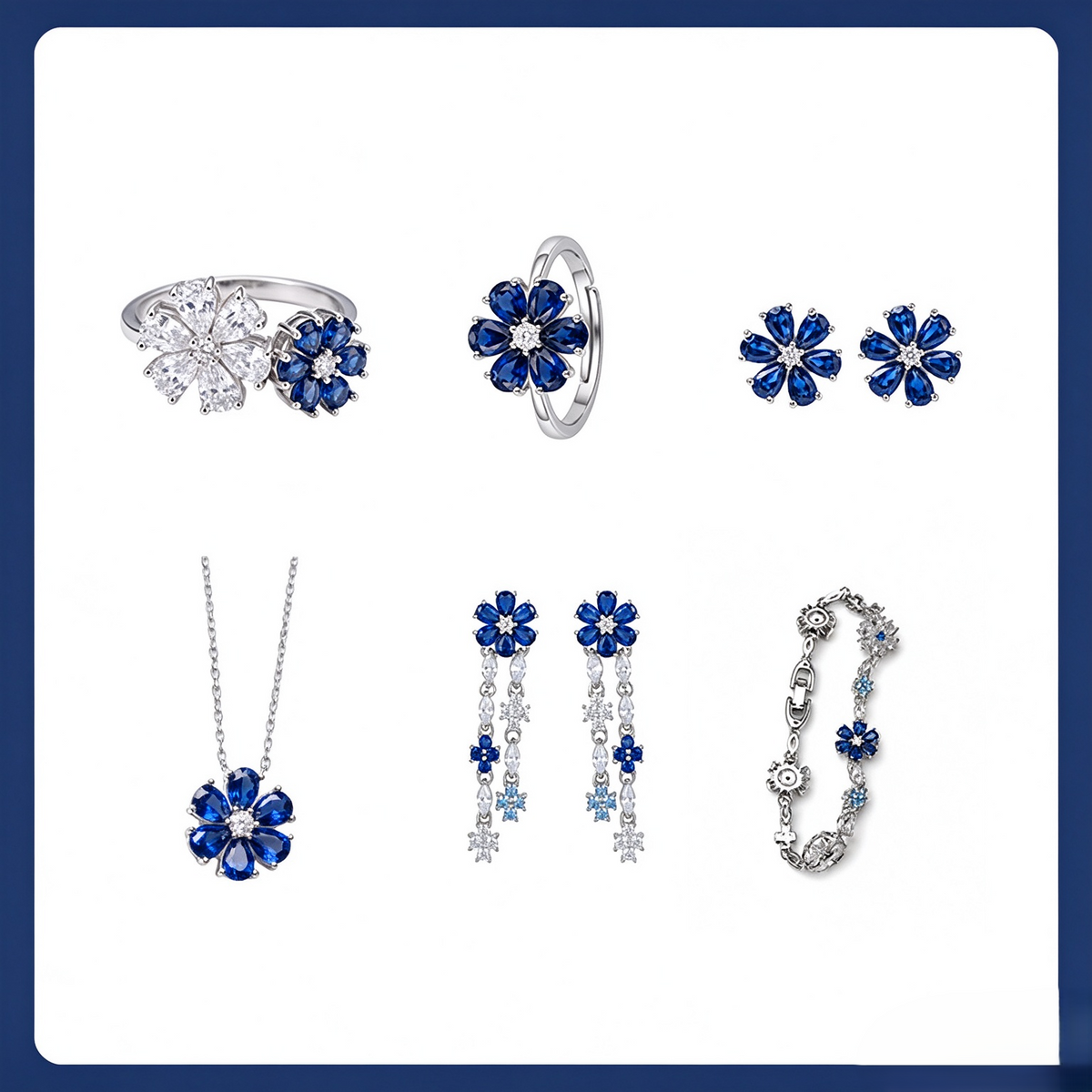 Gold-Plated Sapphire Blue Flower Ring, Necklace, Earrings & Bracelet
