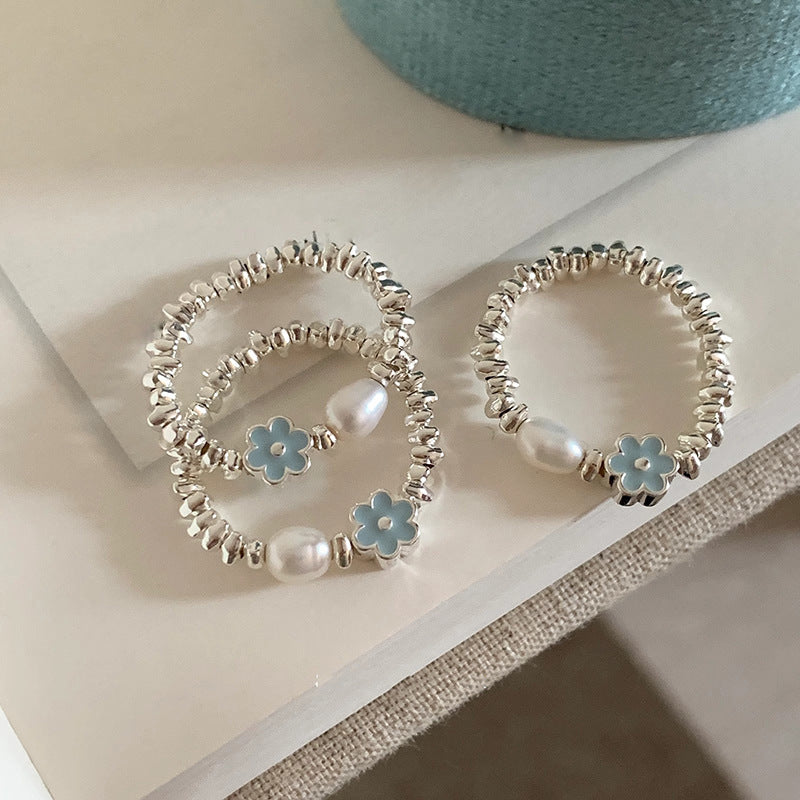S925 sterling silver glazed flower pearl ring