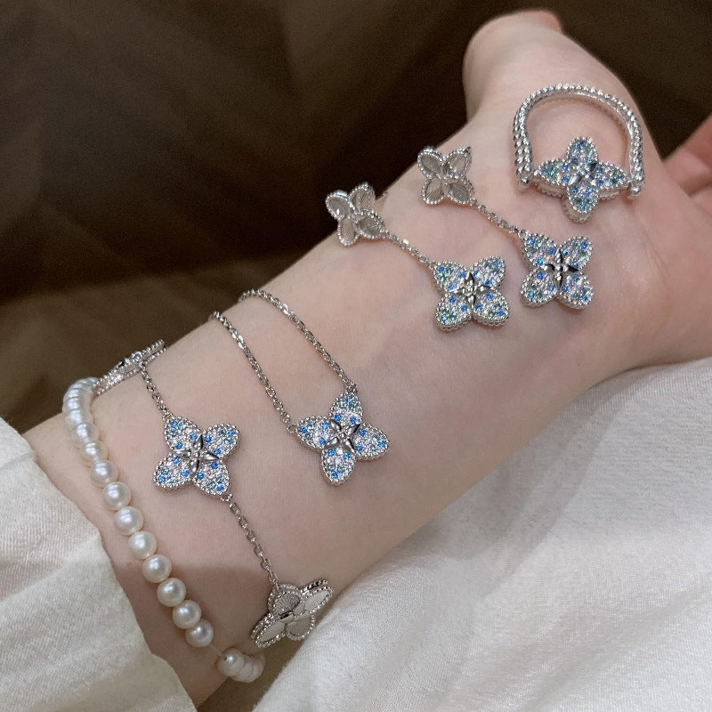 Full of diamond laser four-leaf clover ring bracelet earrings necklace set