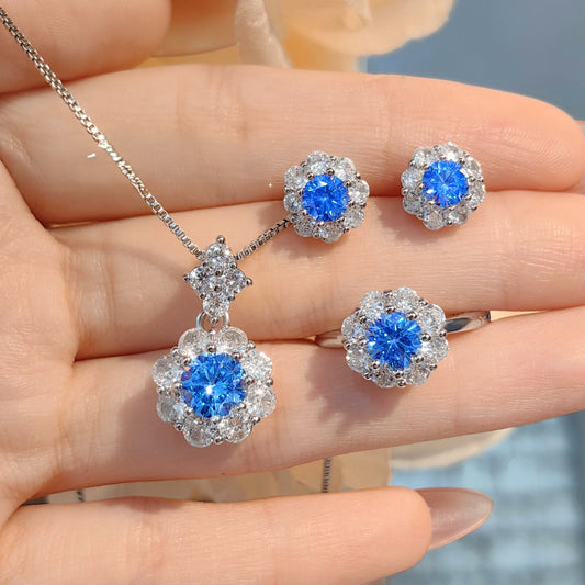 Flower high carbon blue diamond necklace ring earrings set