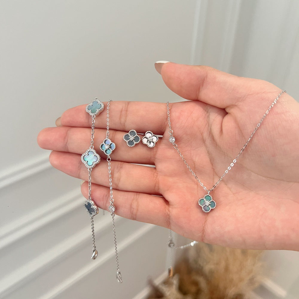 S925 Sterling Silver Four-Leaf Clover Natural Pearly Gray Mother-of-Pearl Round Zircon Bracelet Necklace Earrings