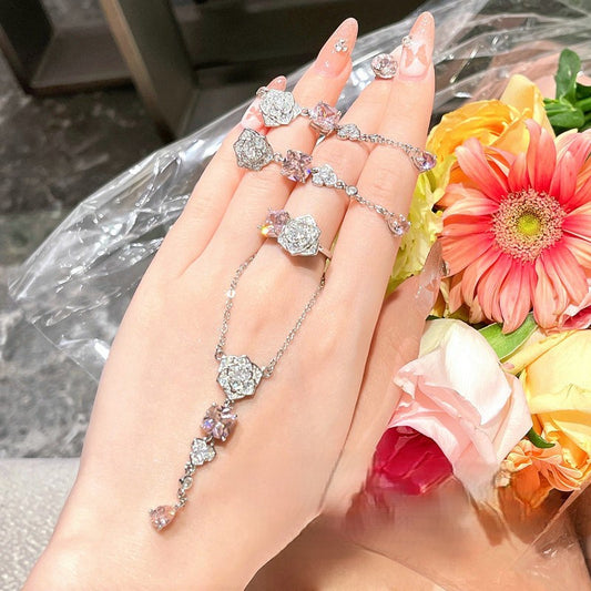 18K gold-plated rose flower gem zircon flash diamond earrings ring necklace set