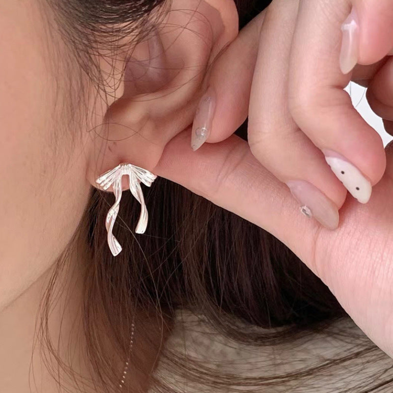 S925 sterling silver bow tassel earrings