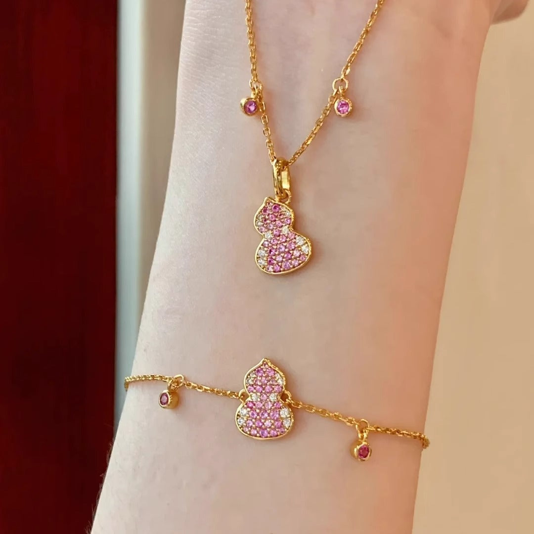 S925 sterling silver micro-inlaid pink gourd necklace bracelet set