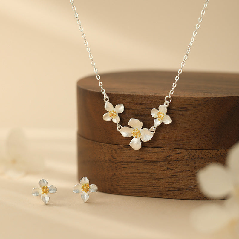 S999 sterling silver gardenia necklace earrings set