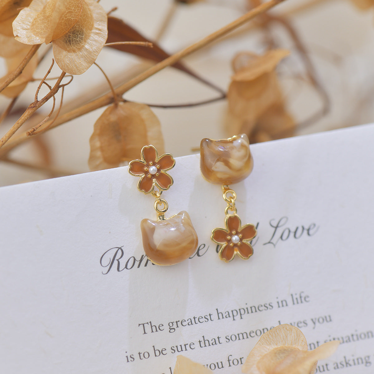 Amber cat copper plated with 14k gold earrings